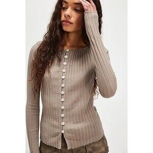 Free People Tilly Long-Sleeve Cardi Blouse Top Knit Ribbed Buttondown L 280561